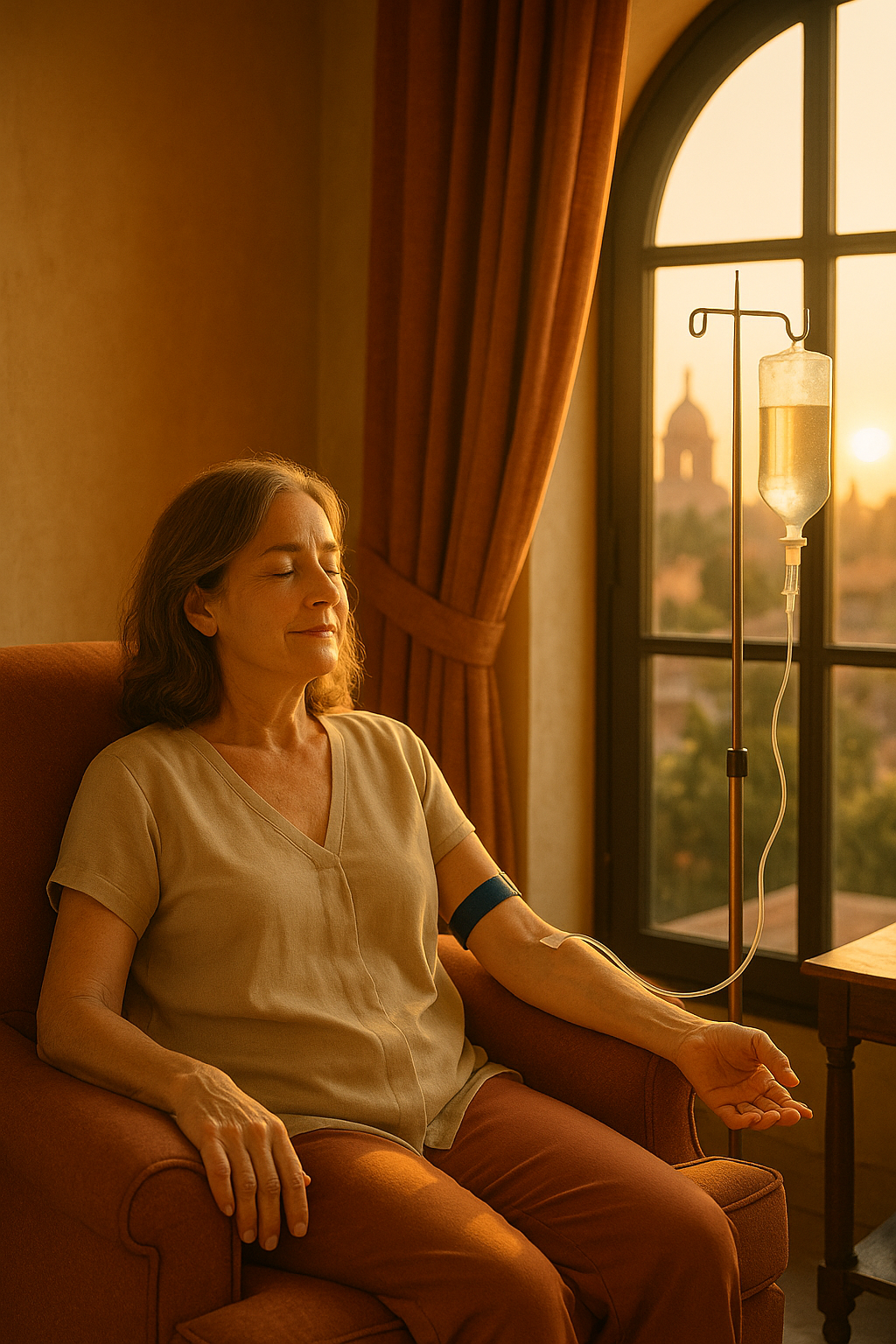 patient receiving IV stem cell therapy in San Miguel de Allende hotel room