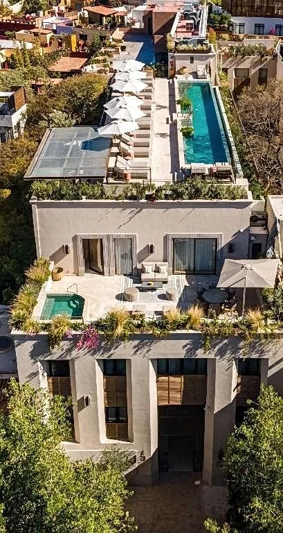 Numu Hotel Hyatt Group in San Miguel de Allende Mexico where you can do stem cell therapy. You see the entrance a private balcony with pool, the roof top with pool.