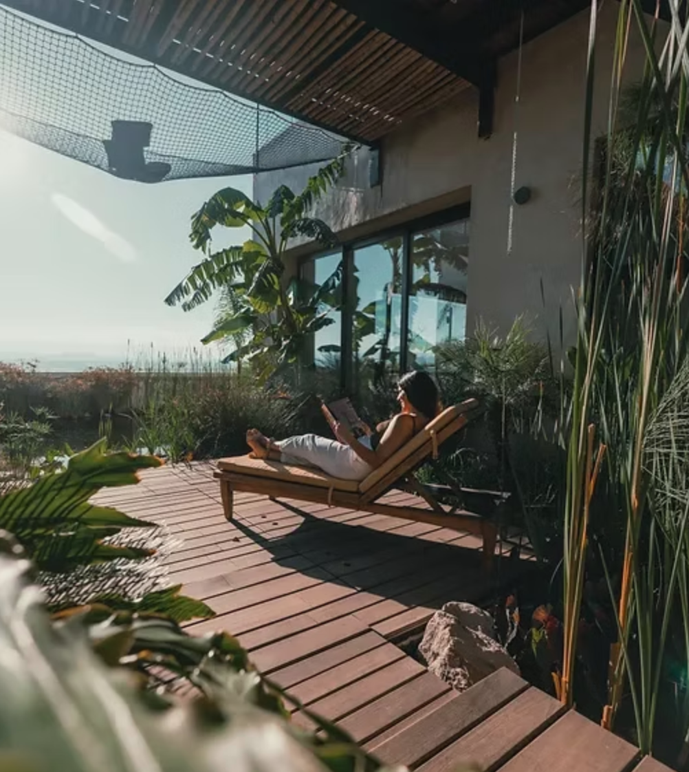 Woman on a hotel Cuna de Cielo patio reading a book.