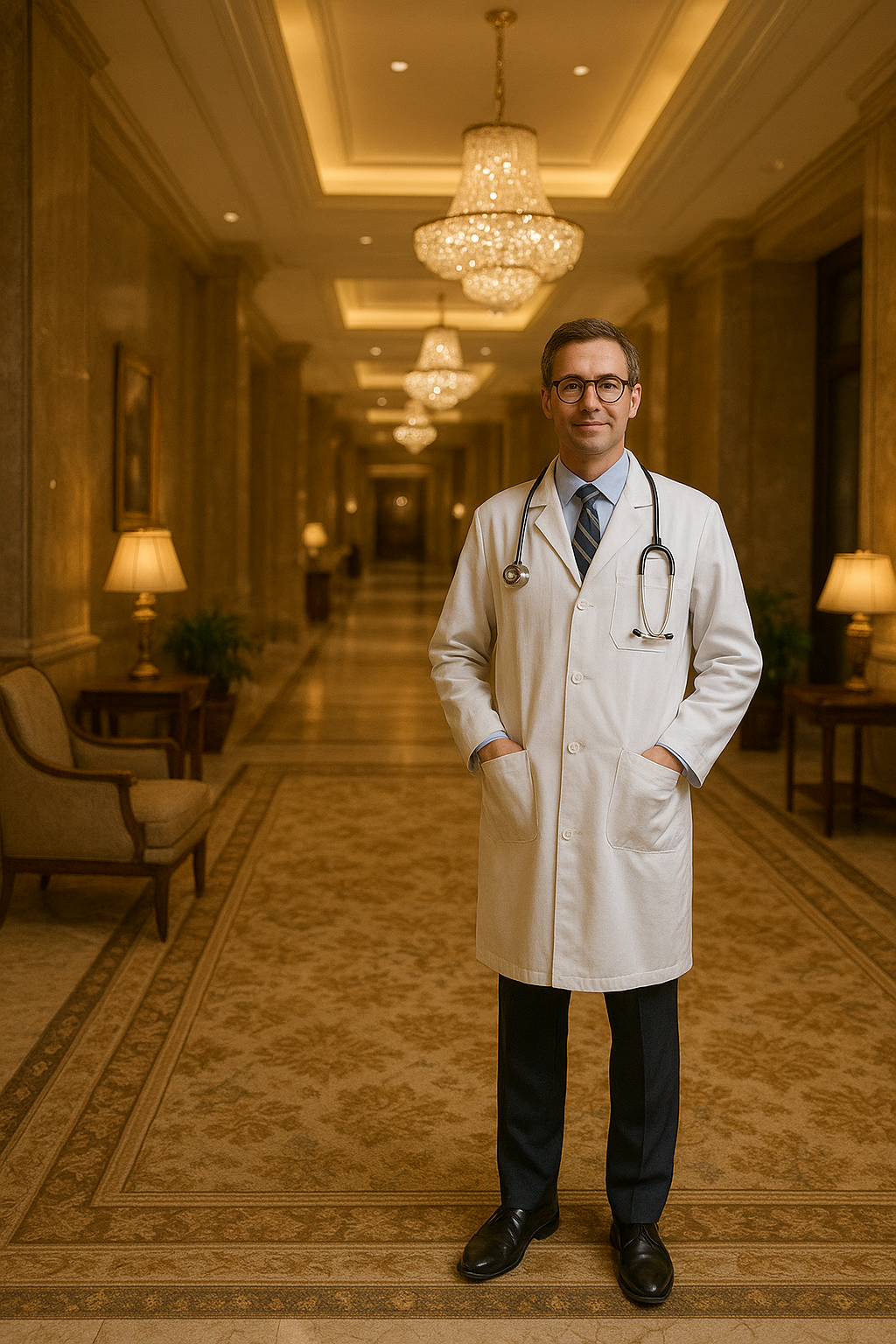 A male doctor with glasses, wearing a white coat and stethoscope, standing in a luxurious hotel corridor with ornate lighting and elegant furniture.