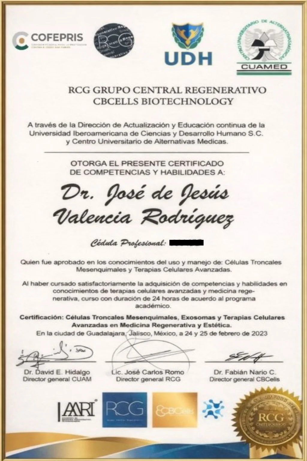Certificate confirming Dr. José J. Valencia is licensed in stem cell therapy and regenerative medicine