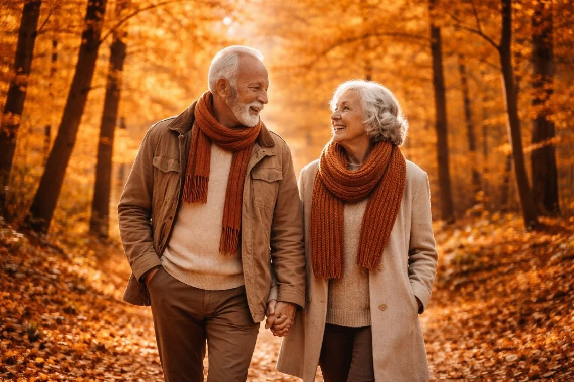 Happy elderly couple walking hand in hand through a golden autumn forest with warm orange leaves and soft sunlight, symbolizing healthy aging and vitality.