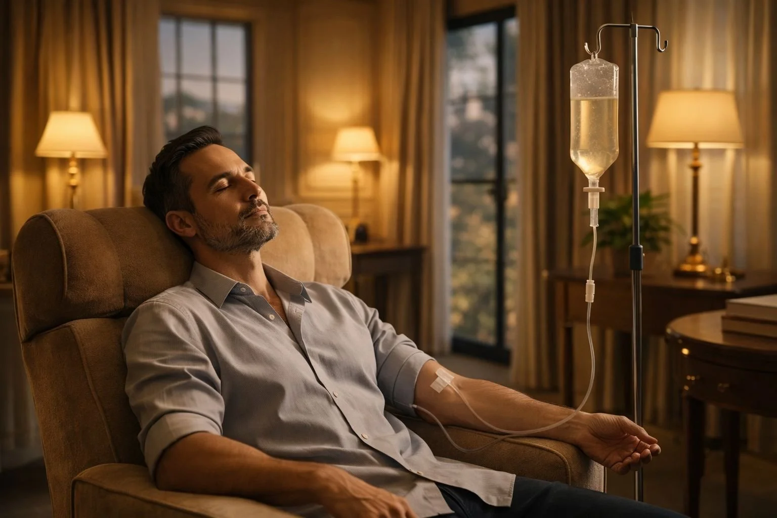 Man receiving exosomes IV therapy in a luxury clinic setting in Mexico, promoting cellular regeneration and recovery