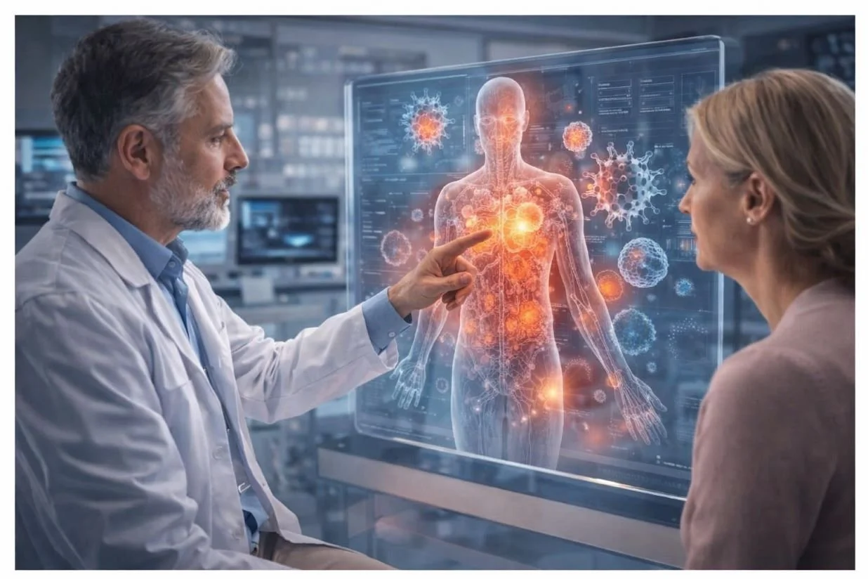 doctor explaining stem cell therapy for autoimmune disease with immune system inflammation visualization