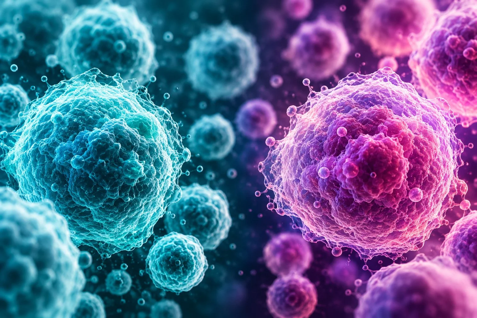 Scientific illustration of two distinct cell populations in blue and turquoise and purple and pink, accompanying a comparison of Muse cells and mesenchymal stromal cells.
