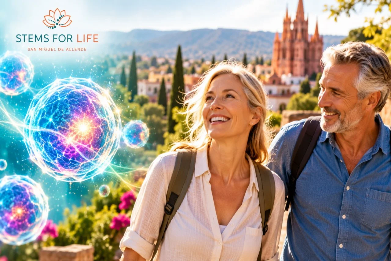 Happy mature couple enjoying life alongside a scientific illustration of glowing cells, representing Muse cell research and regenerative medicine.