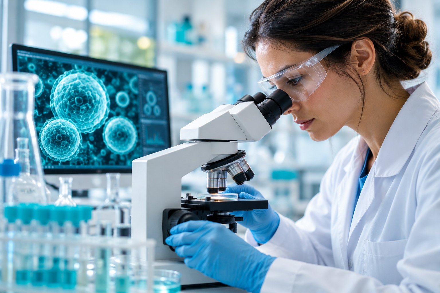 Scientist examining cellular samples under a microscope in a modern laboratory, illustrating Muse cell research.