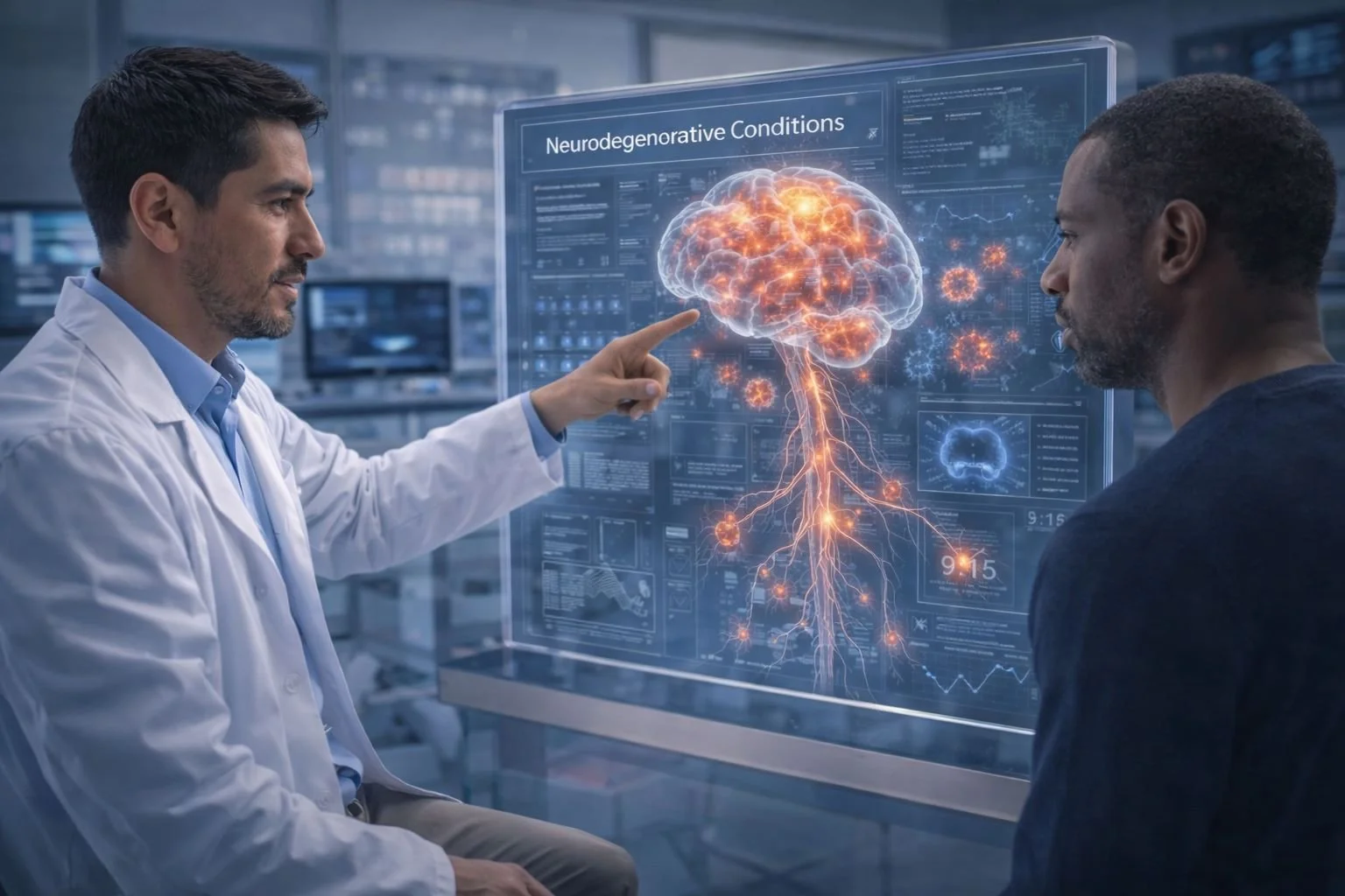 doctor explaining neurodegenerative disease and brain function to patient during consultation