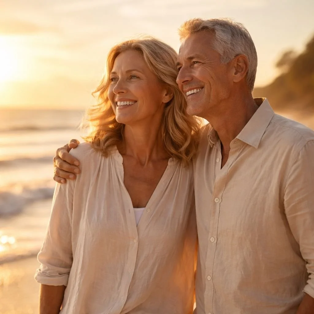 Happy healthy couple enjoying golden sunset by the ocean, representing vitality, longevity, and natural healing – Stems for Life