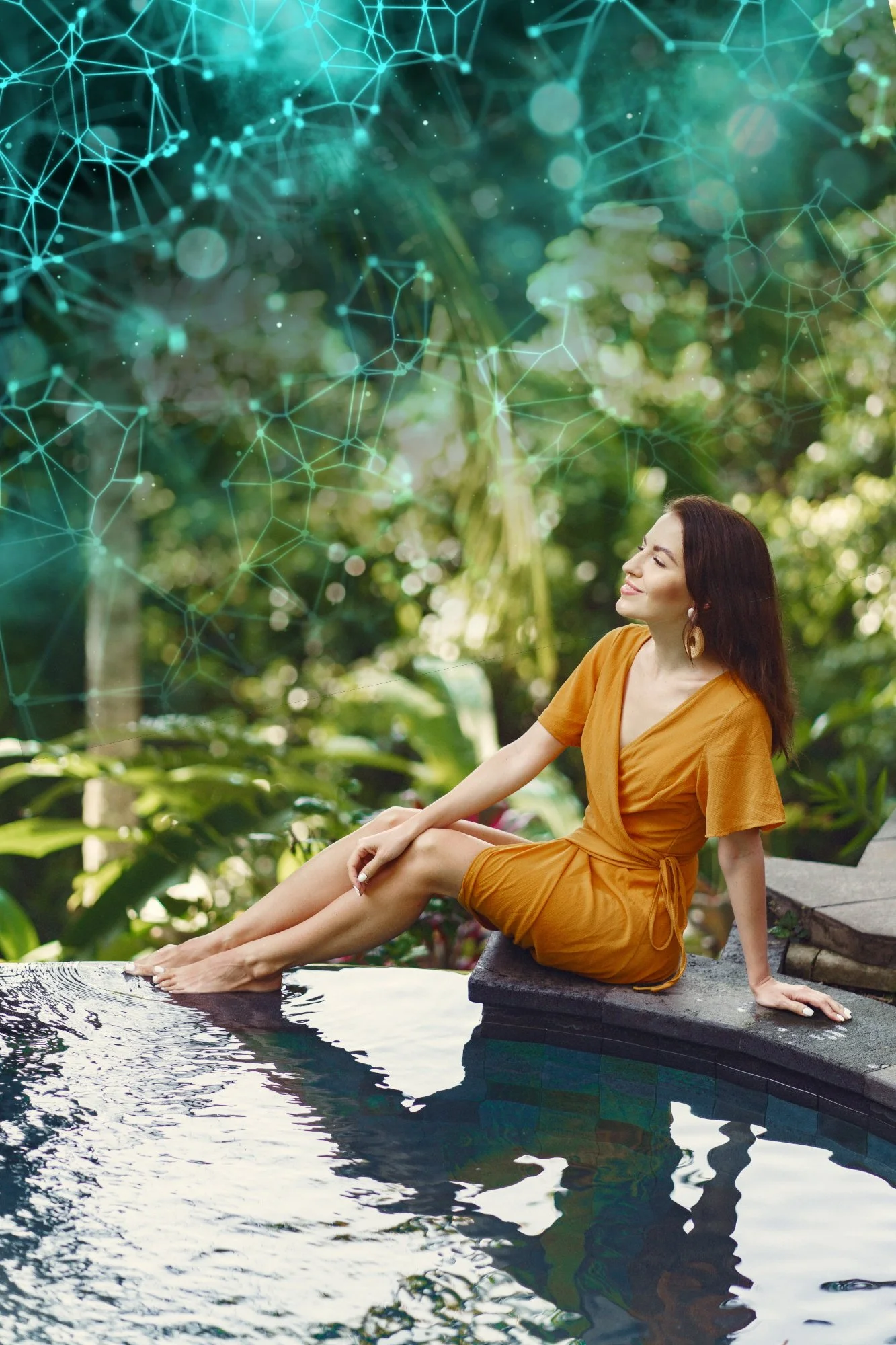 Woman relaxing by a pool in a tropical setting representing recovery and wellness after stem cell therapy treatment