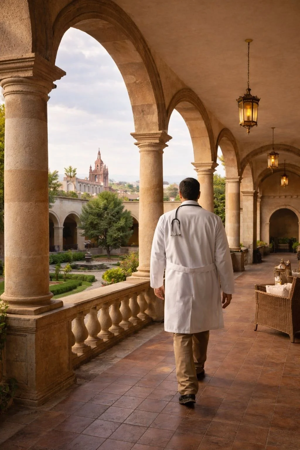 Doctor walking through a colonial courtyard in San Miguel de Allende, Mexico representing personalized stem cell therapy treatment at Stems For Life clinic.