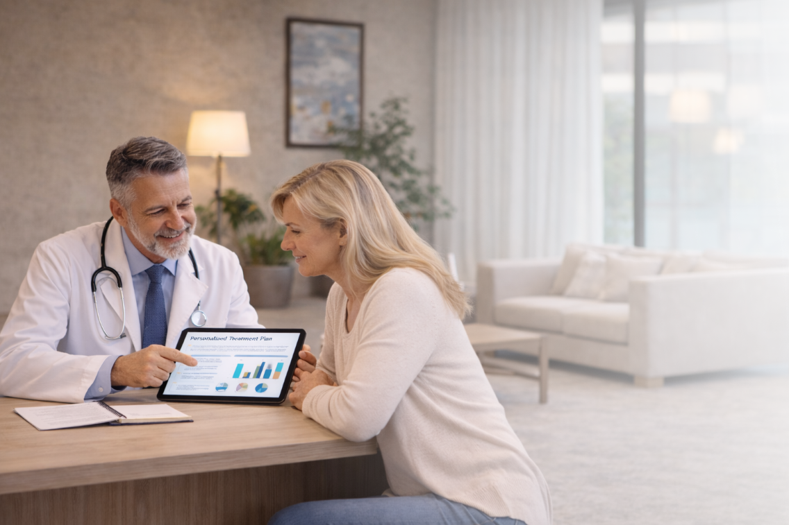 doctor explaining personalized stem cell therapy treatment plan to patient during consultation