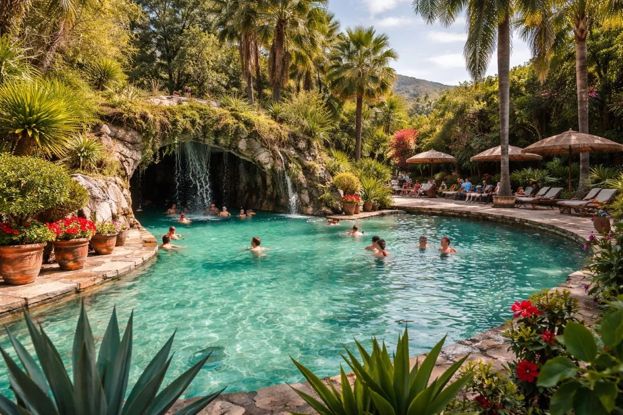 La Gruta hot springs spa in San Miguel de Allende featuring natural thermal pools and cave waterfall.