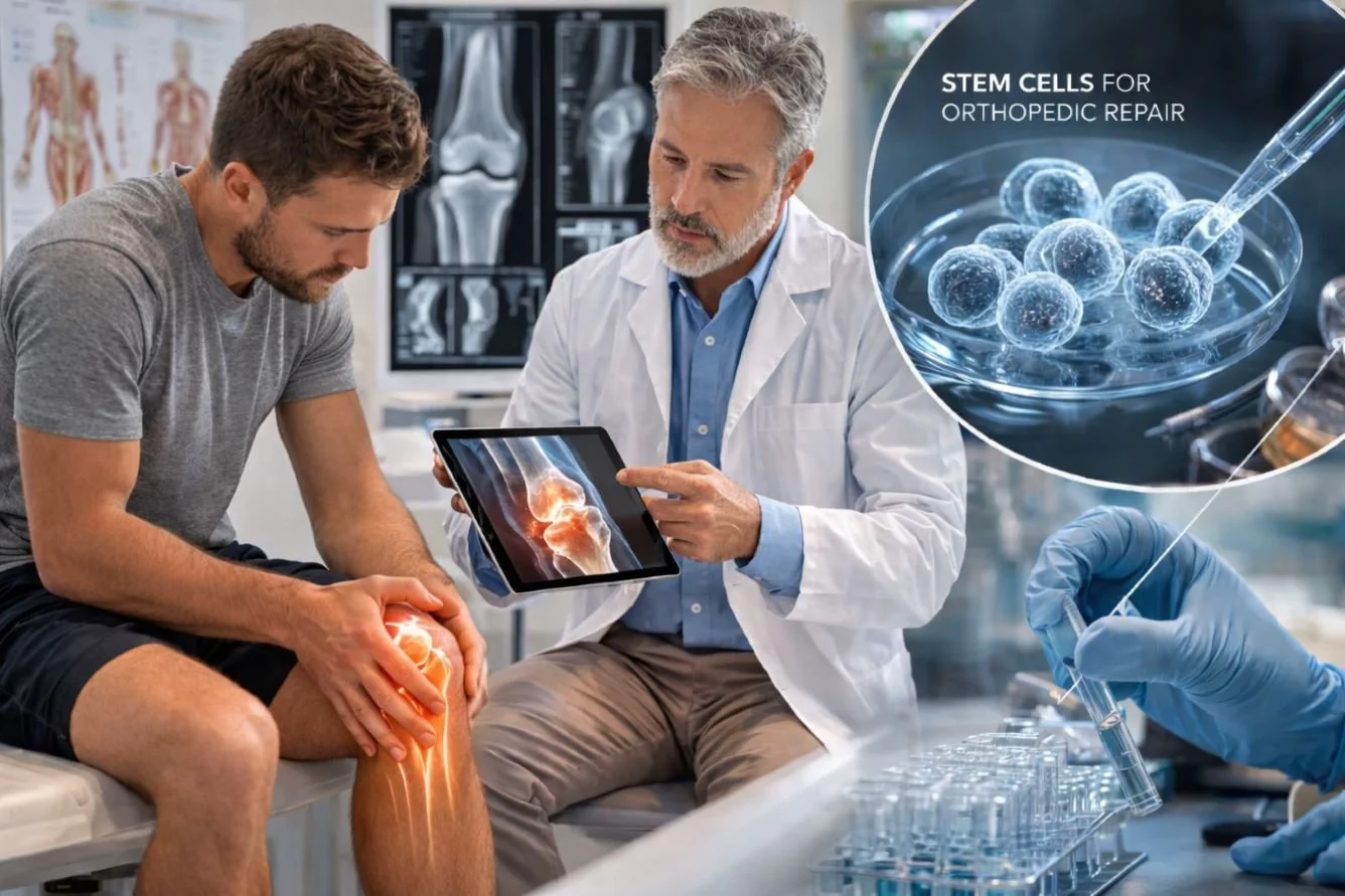 Doctor explaining stem cell therapy treatment for knee pain to patient during orthopedic consultation at Stems for Life regenerative medicine clinic.
