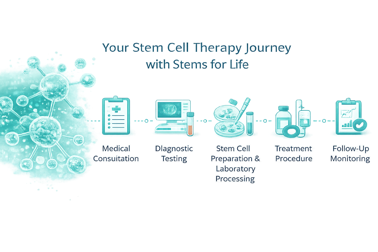 Stem cell therapy treatment journey at Stems for Life including consultation, diagnostic testing, stem cell preparation, treatment procedure, and follow-up monitoring.