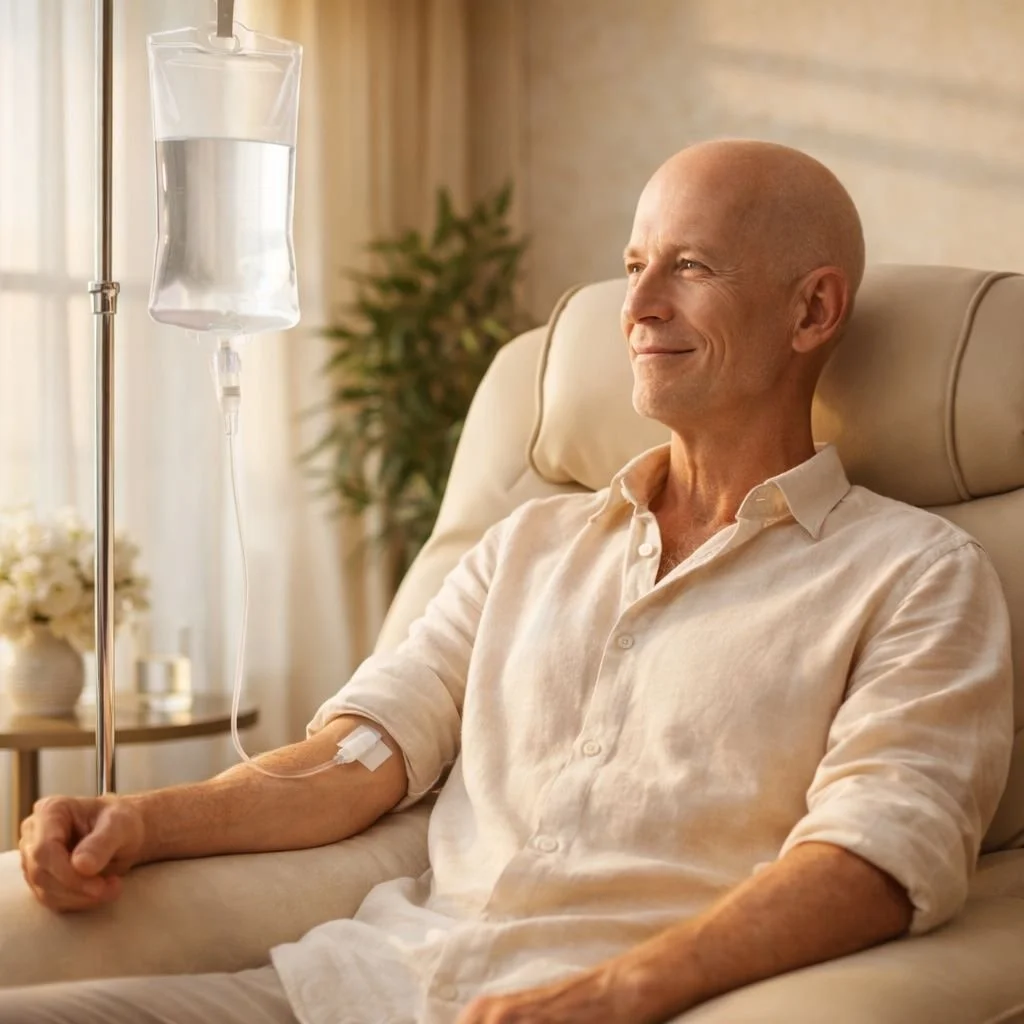 Bald male patient undergoing NK Cell Therapy infusion in a calm, luxury environment, representing immune support and advanced care at Stems for Life in San Miguel de Allende