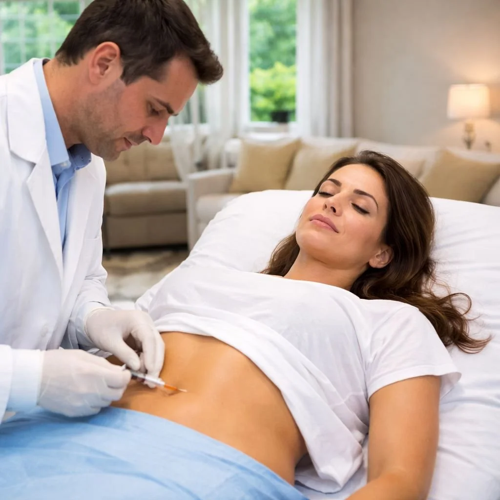 Placental implant treatment by Stems for Life performed in a luxury hotel setting with a doctor in a white coat and a relaxed patient