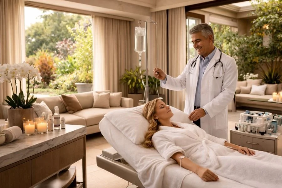 Luxury stem cell therapy treatment experience in San Miguel de Allende with an experienced Latin doctor administering IV therapy in an elegant, spa-like medical setting.