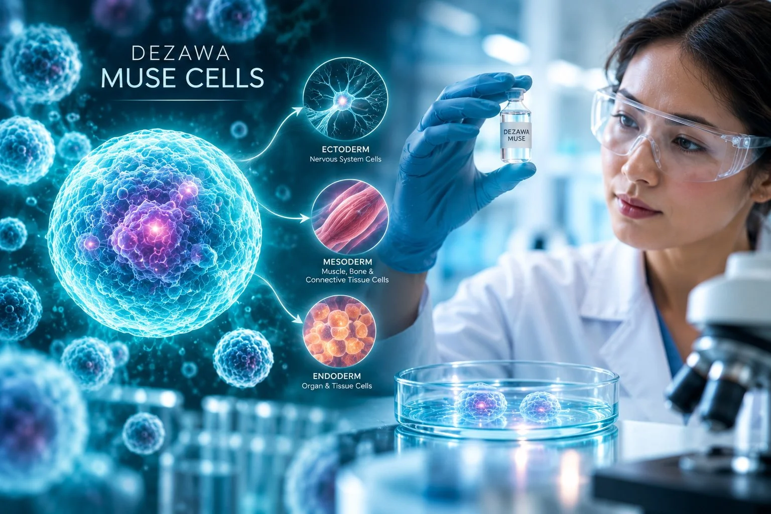 Scientific illustration of DEZAWA MUSE cells, a researcher examining a sample vial, and three cell lineage pathways in a modern laboratory.