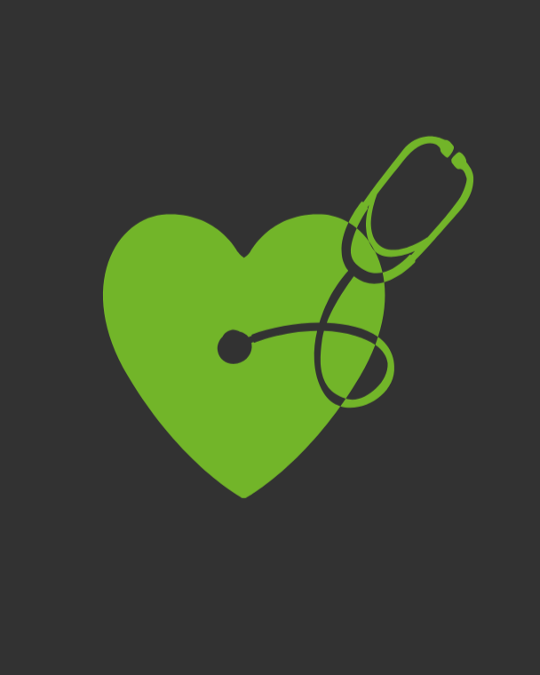 Green heart with a stethoscope on a dark background.