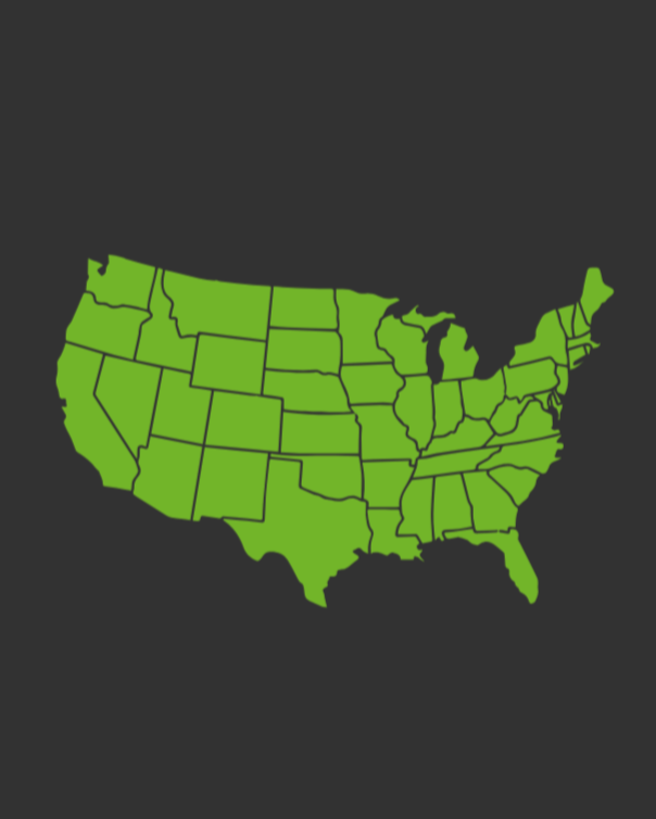 Map of the United States with all states in green.