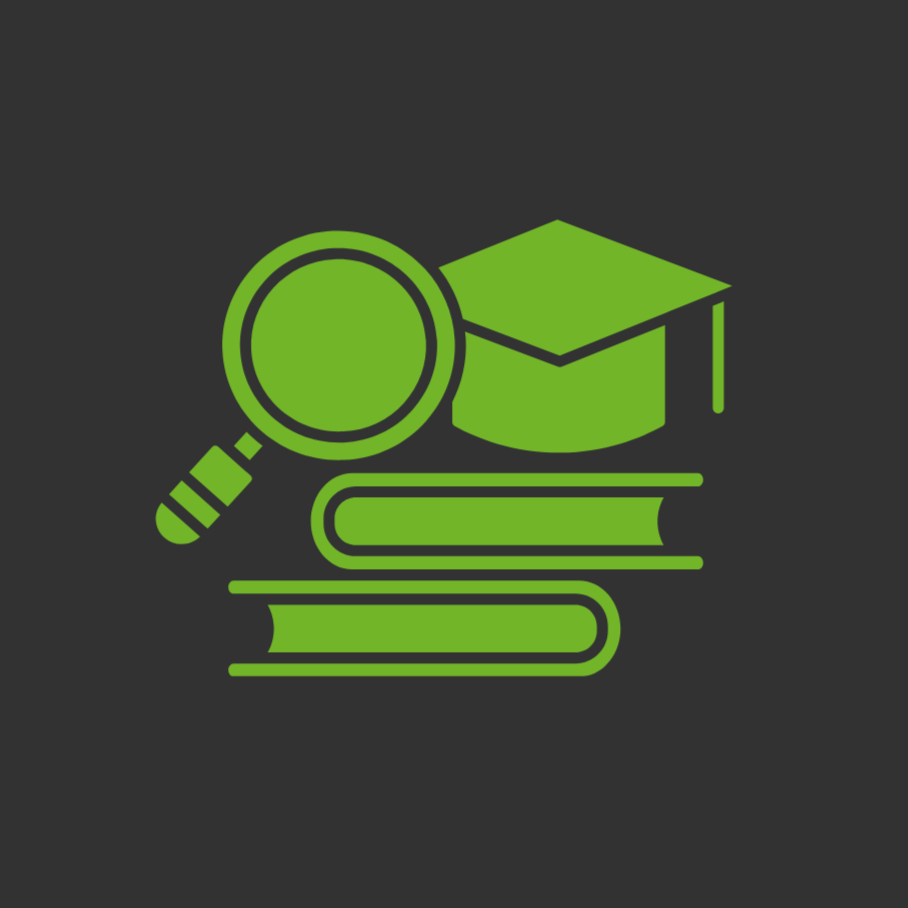 Green icon of a magnifying glass, a graduation cap, and two stacked books on a dark background.