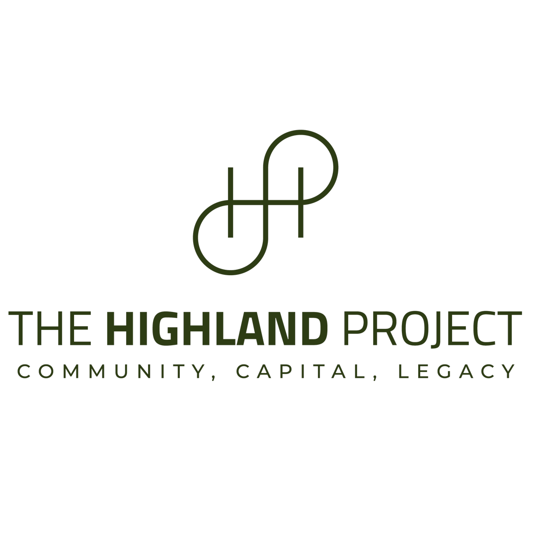 Logo for The Highland Project with a stylized green symbol and text saying "The Highland Project: Community, Capital, Legacy" in green and black on a black background.