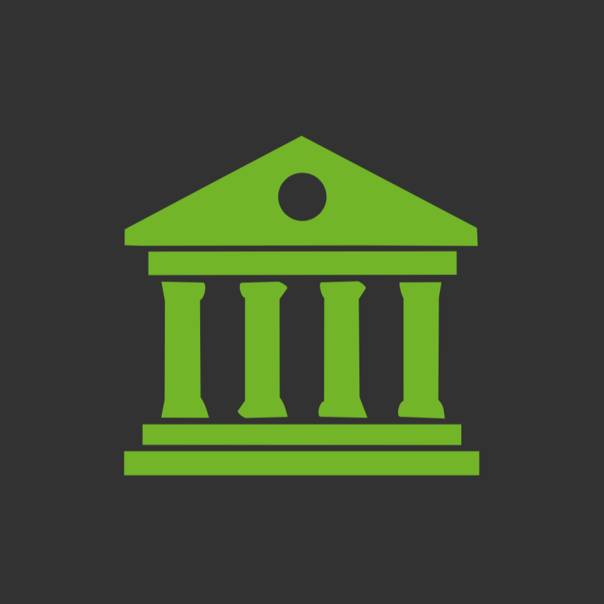 Green icon of a classical building with columns and triangular pediment on a dark gray background.