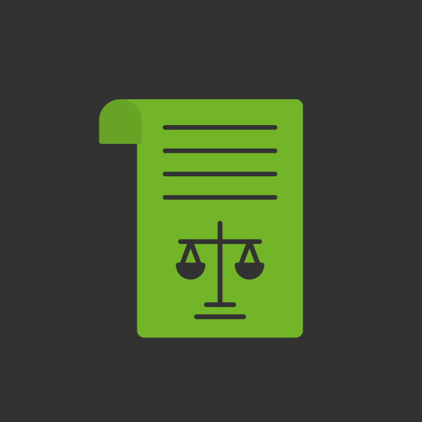 Icon of a legal document with a scales of justice symbol on it, on a dark background.