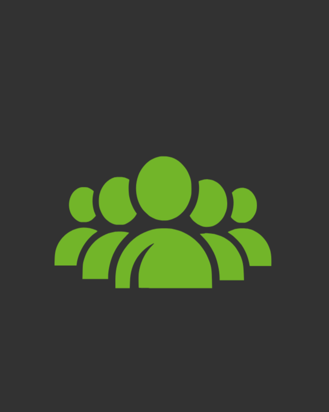Group of six green user icons on dark background, representing community or team.