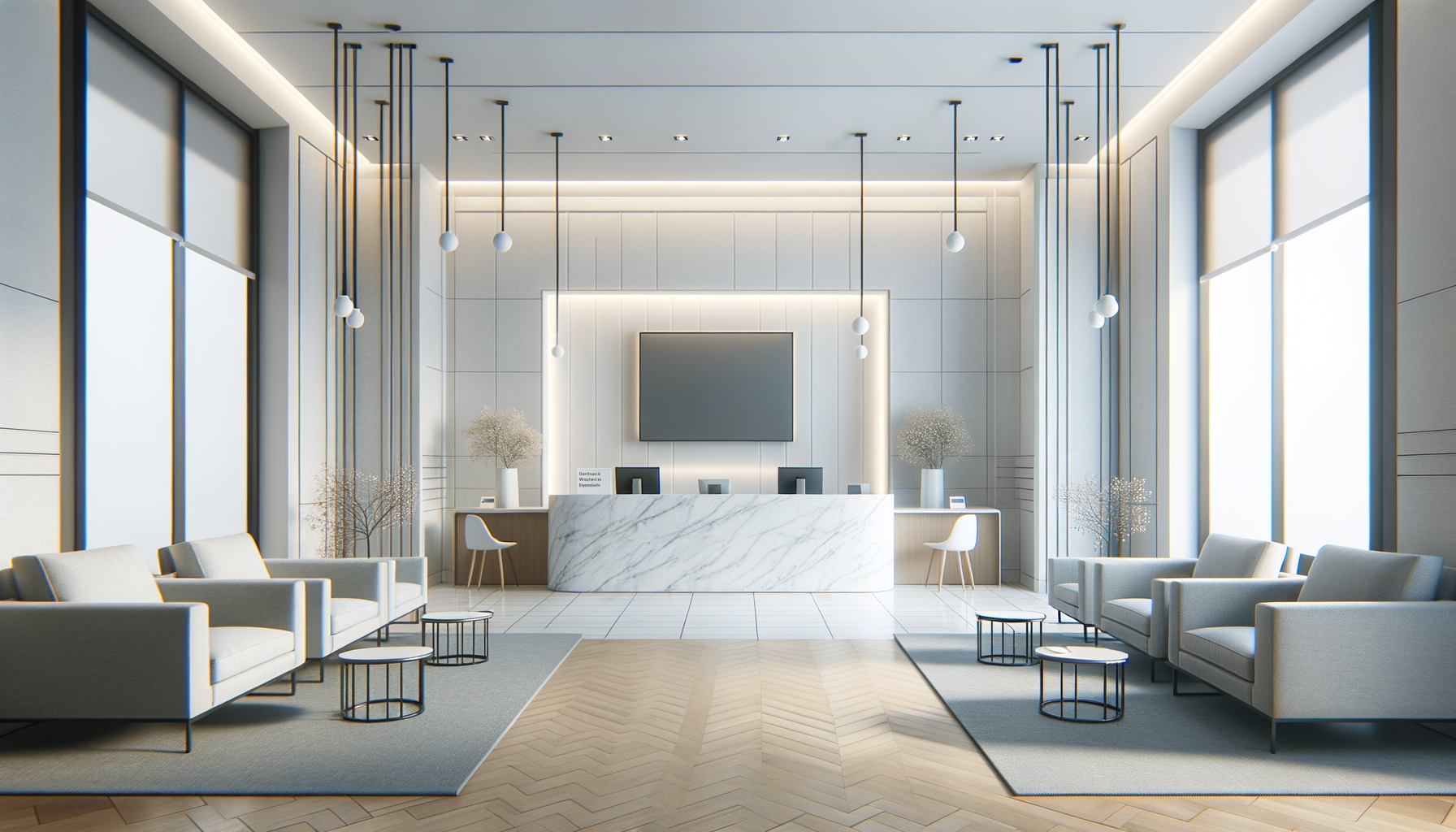 Modern lobby with white sofas, marble reception desk, large windows, pendant lighting, neutral color palette, and decorative plants.