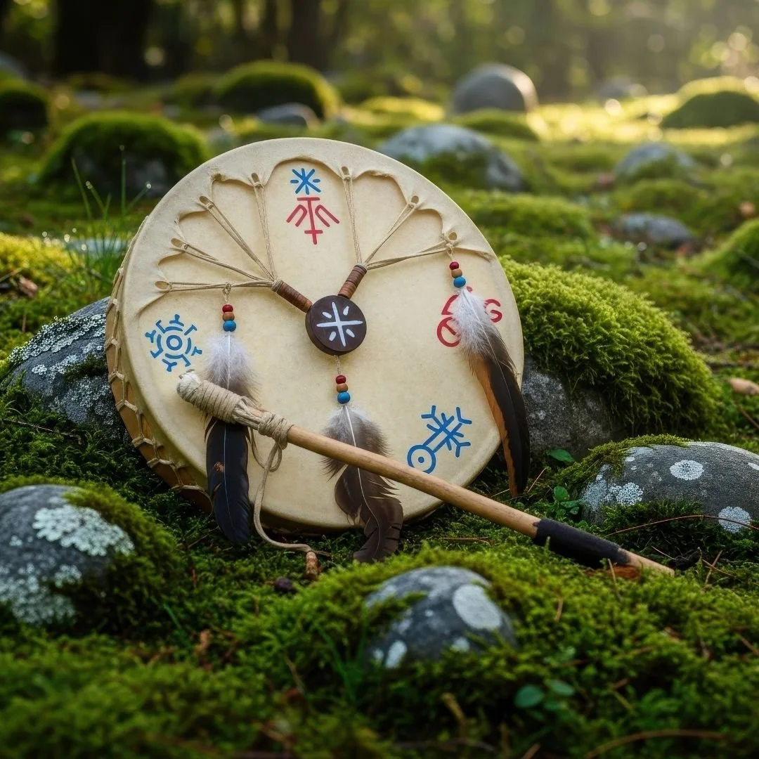 Drum laying on a green path