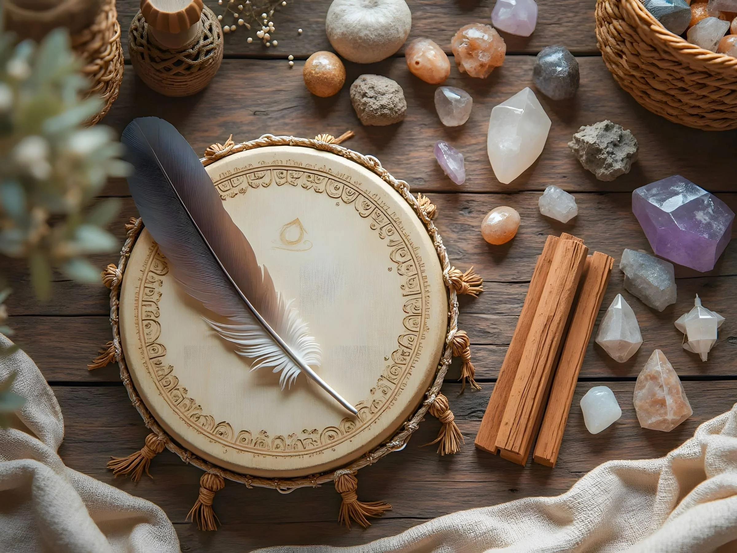 Drum with a feather on it and surrounded by crystals
