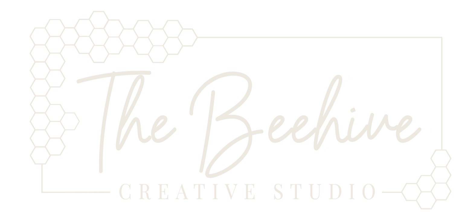 Logo for The BeeHive Creative Studio with honeycomb pattern in black and white