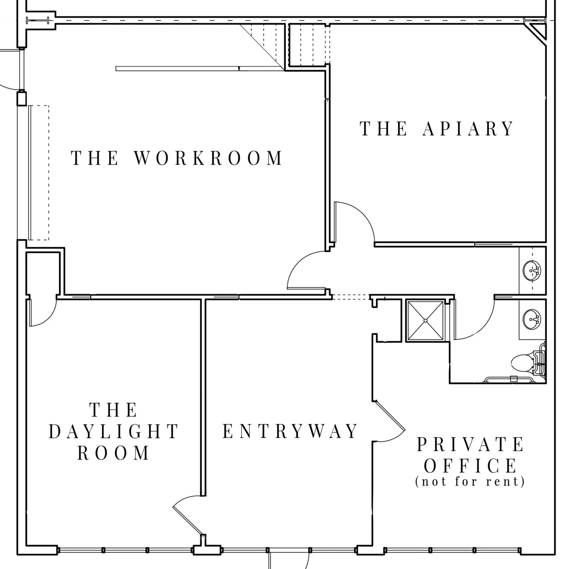 Floor plan of a building with rooms labeled as The Workroom, The Apiary, The Daylight Room, Entryway, and Private Office, featuring interior walls and doorways.