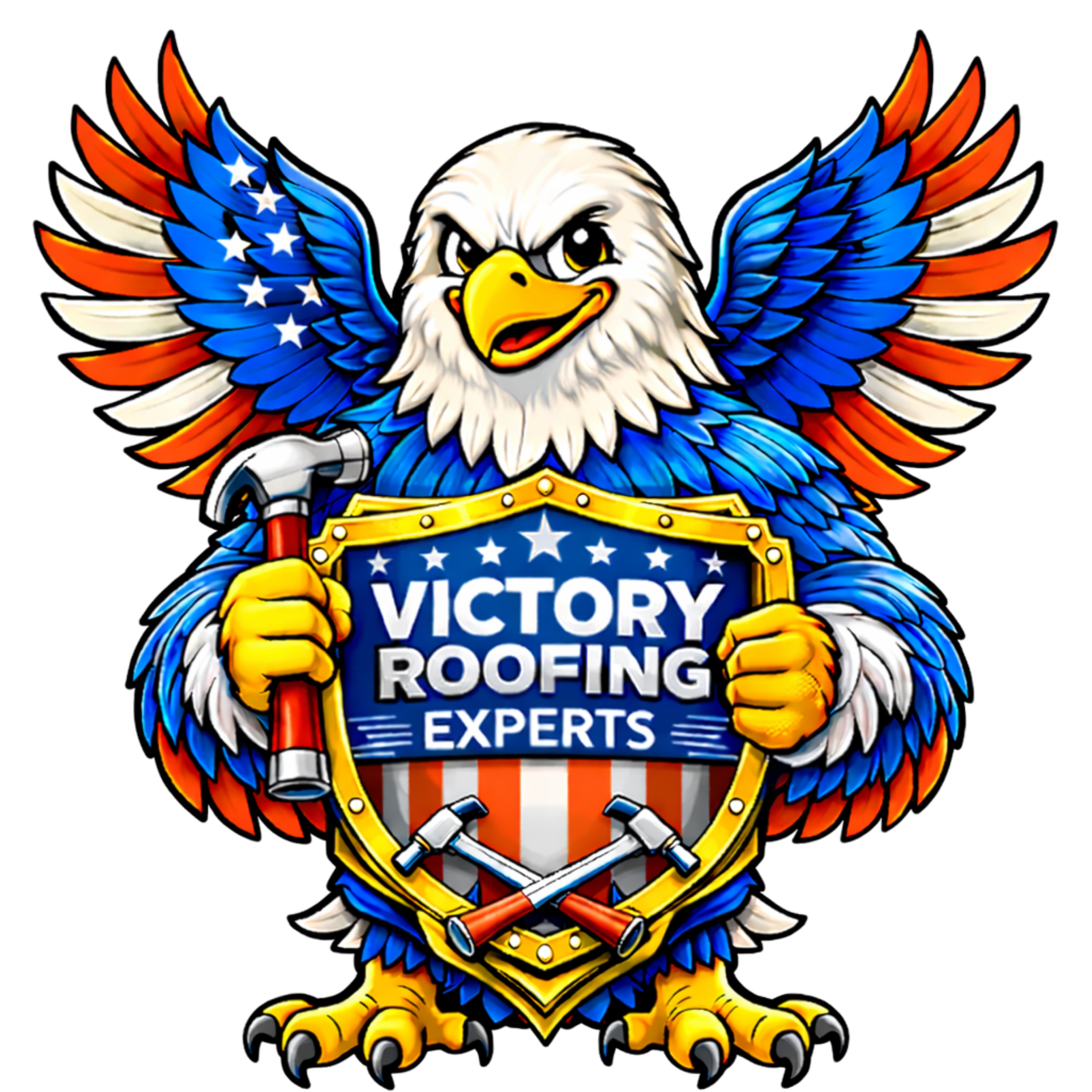 Cartoon eagle holding a shield with tools, advertising Victory Roofing Experts, with colorful wings and an American flag design.