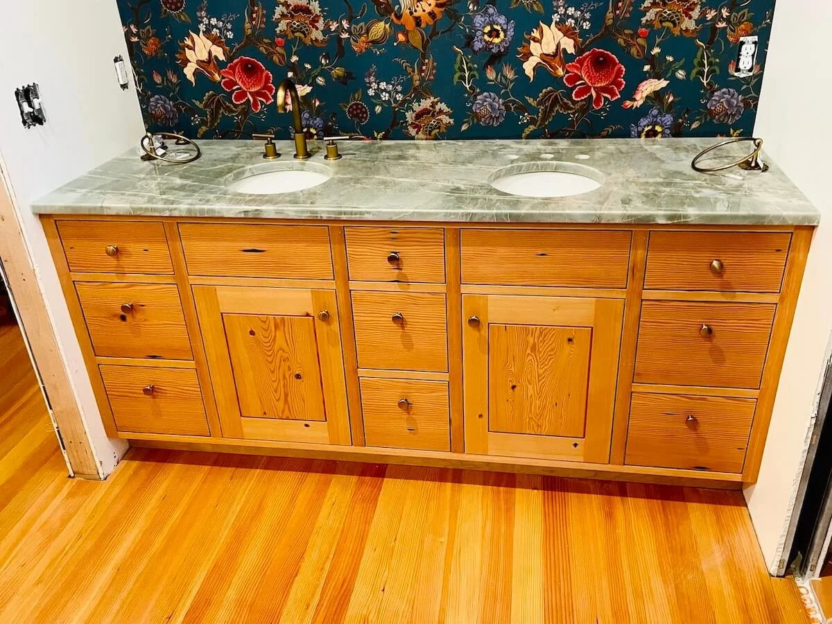 Reclaimed fir solid front bathroom vanity with dual sink and marble countertop