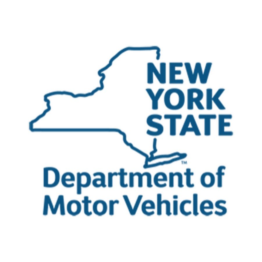Outline of New York state with the text "New York State Department of Motor Vehicles"