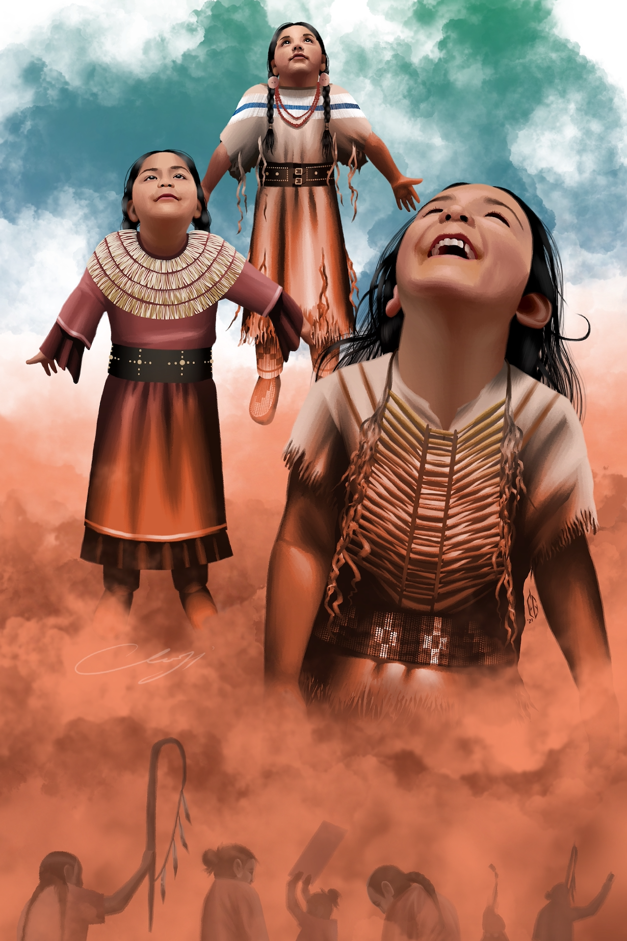 This piece was created in honor of the children and survivors of Indigenous Boarding and Residential Schools. Inspired by my nieces, nephew, and our ancestors, it represents spirit, remembrance, and return. As an Indigenous artist, my purpose is to e