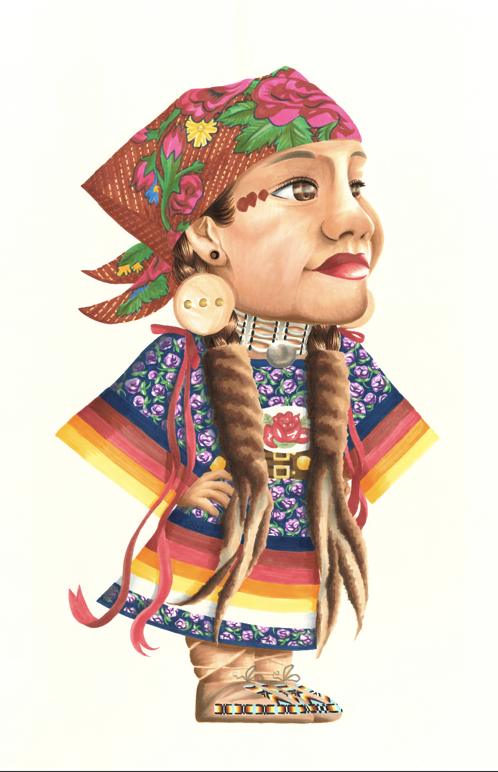 This piece is dedicated to my cousin — and sister in spirit — Tia Boyer (Shoshone-Bannock). Tia is a mother, wife, sister, and one of the coolest people I know. Her energy, humor, and heart continue to inspire me as family and as an artist. She becam