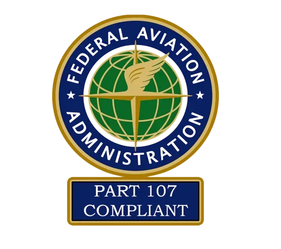 Federal Aviation Administration Part 107 compliant badge with a globe, wings, and a compass needle, in blue, green, and gold colors.