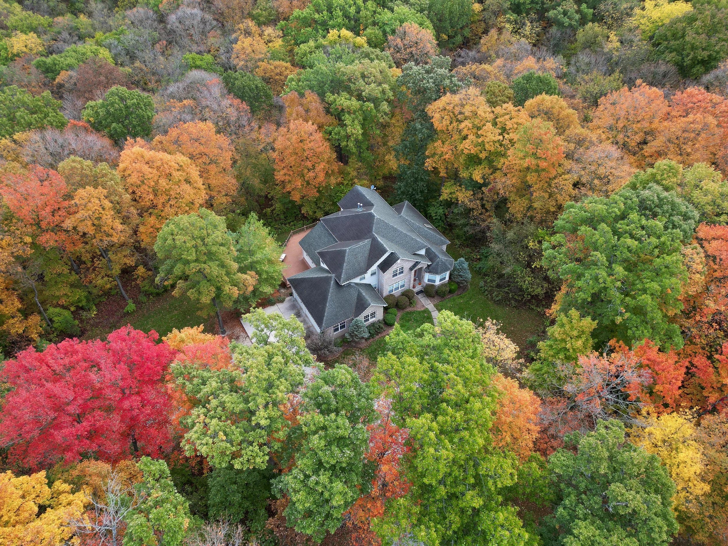 A house surrounded by colorful autumn trees in a forested area.