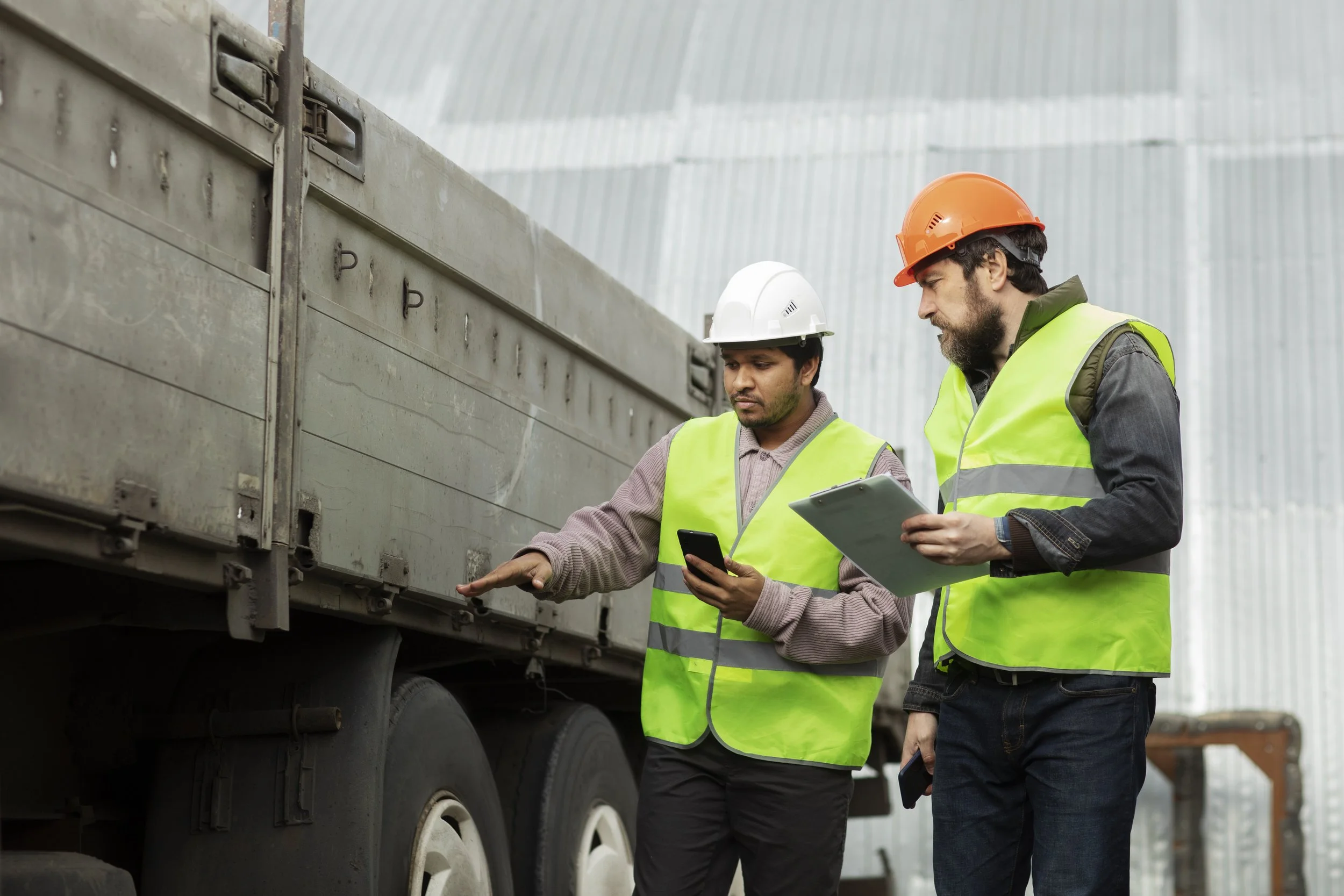 Two men wearing safety vests and hard hats inspecting a large truck inside a warehouse or industrial facility.