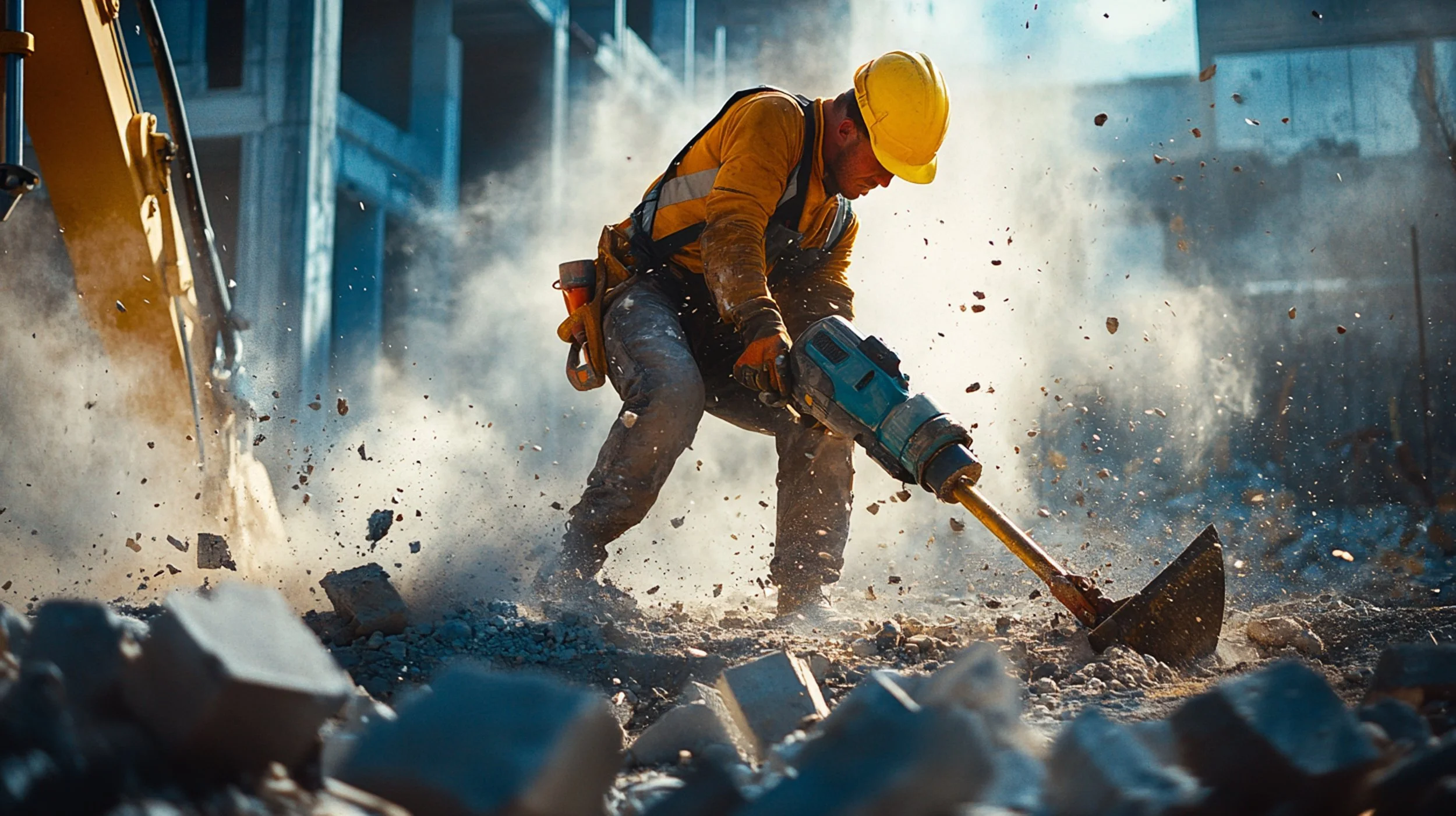 Construction worker in yellow hard hat and safety vest using a jackhammer to break rocks at a construction site with dust and debris flying around.