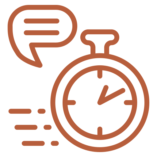 Icon of a stopwatch with a speech bubble and motion lines indicating speed or quickness.