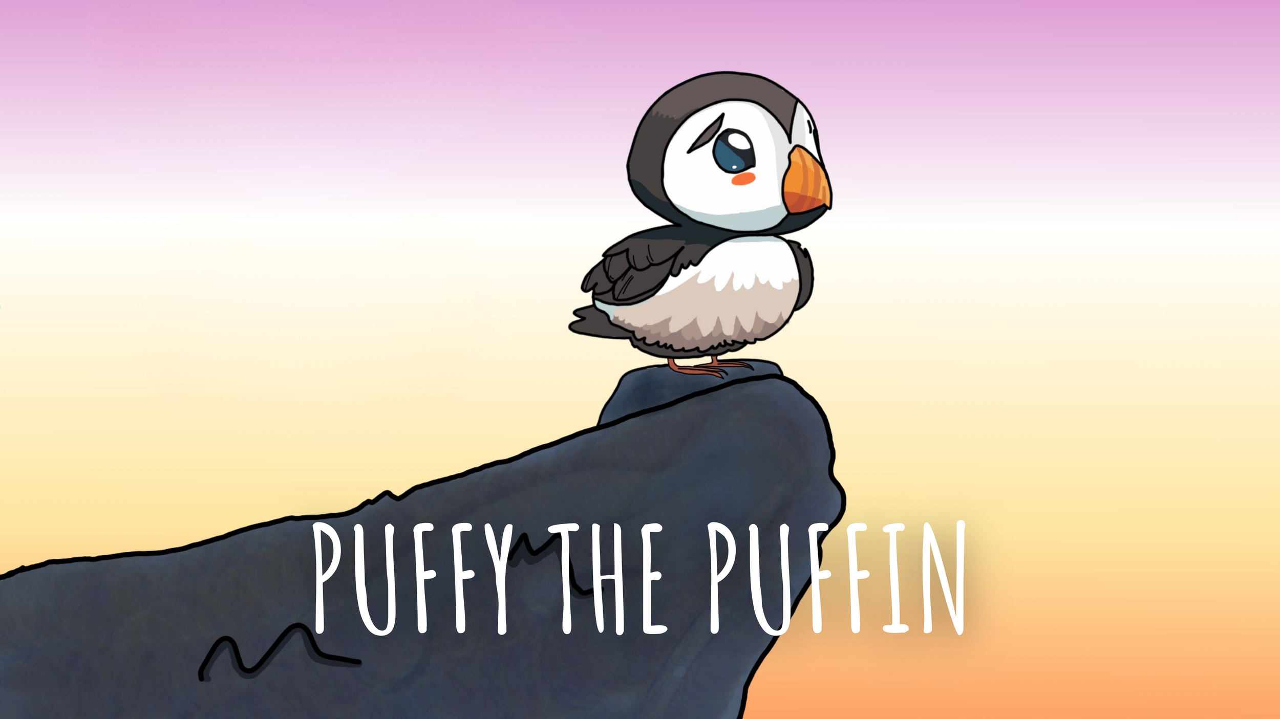 Cute animated puffin bird standing on a rock with the name Puffy the Puffin written at the bottom against a colorful sunset background.