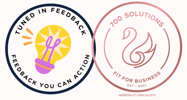 Logo featuring a light bulb with sun rays and a purple plug, surrounded by the text "Tuned in Feedback" and "Feedback you can action." Next to it, a circular logo with a stylized swirl and the text "700 Solutions," "Fit for Business," "Est. 2021," and "Hospitality Specialists."