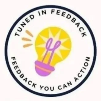 Infographic titled 'Tuned in Feedback' explaining hospitality industry feedback process. Features a circular logo with a yellow light bulb and purple pen icon, surrounded by the phrases 'Tuned in Feedback' and 'Feedback you can action.' Includes text about industry experts conducting visits, personalized reports, attention to detail, and shared knowledge.
