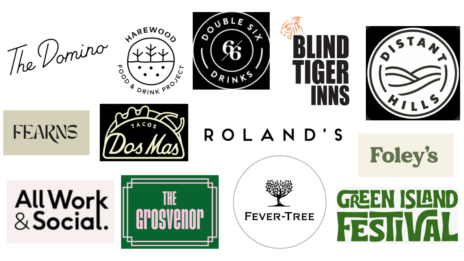 Regenerate alt text copyIconcrossIconBlue A collage of various business logos, including The Domino, Dos Mas Tacos, Blind Tiger Inns, 700 Partners, Fever-Tree, and more.