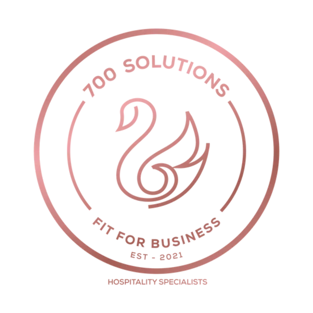 A round logo with a seahorse in the center. The text inside the circle reads "700 Solutions," "Fit for Business," and "Est. 2021." At the bottom, it says "Hospitality Specialists."